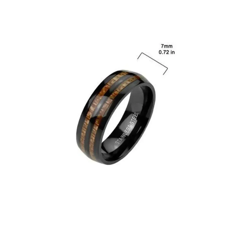 Men’s women’s Double Wood Inlay Center Black IP Stainless‎ Steel Ring Size 9
